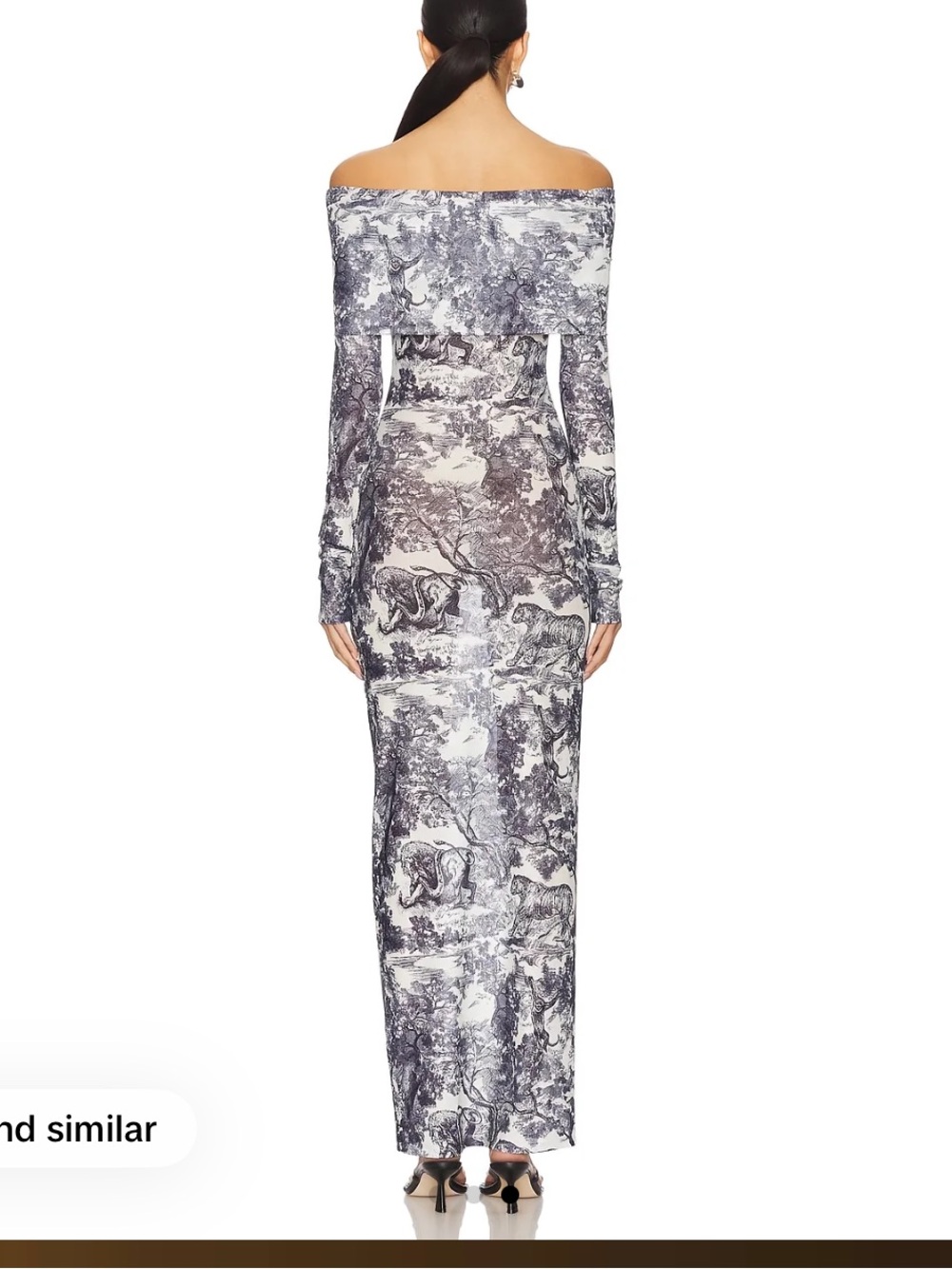 superdown Off-Shoulder Scenic Print Maxi Dress in Navy & White
